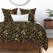 Exotic Jungle Beauty:  A Vintage Mysterious Botanical Tropical Pattern, Featuring leaves  blossoms, fruits and tropical birds of paradise on a black background  double layer