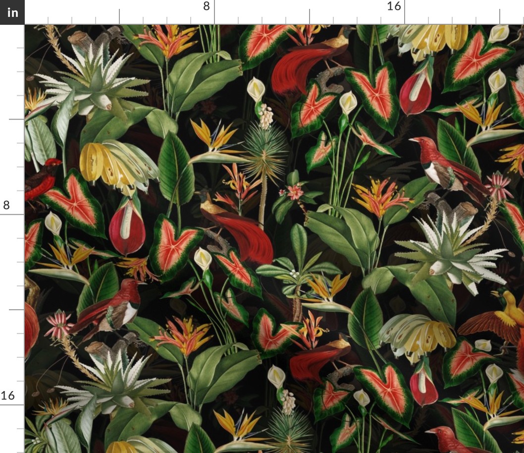 Exotic Jungle Beauty:  A Vintage Mysterious Botanical Tropical Pattern, Featuring leaves  blossoms, fruits and tropical birds of paradise on a black background  double layer