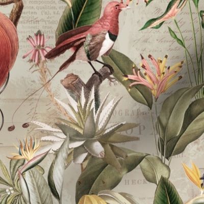 Exotic Jungle Beauty:  A Vintage Mysterious Botanical Tropical Pattern, Featuring leaves  blossoms, fruits and tropical birds of paradise on a sepia background 