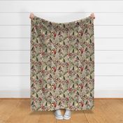 Exotic Jungle Beauty:  A Vintage Mysterious Botanical Tropical Pattern, Featuring leaves  blossoms, fruits and tropical birds of paradise on a sepia background 