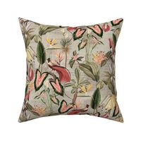 Exotic Jungle Beauty:  A Vintage Mysterious Botanical Tropical Pattern, Featuring leaves  blossoms, fruits and tropical birds of paradise on a sepia background 