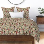 Exotic Jungle Beauty:  A Vintage Mysterious Botanical Tropical Pattern, Featuring leaves  blossoms, fruits and tropical birds of paradise on a sepia background 