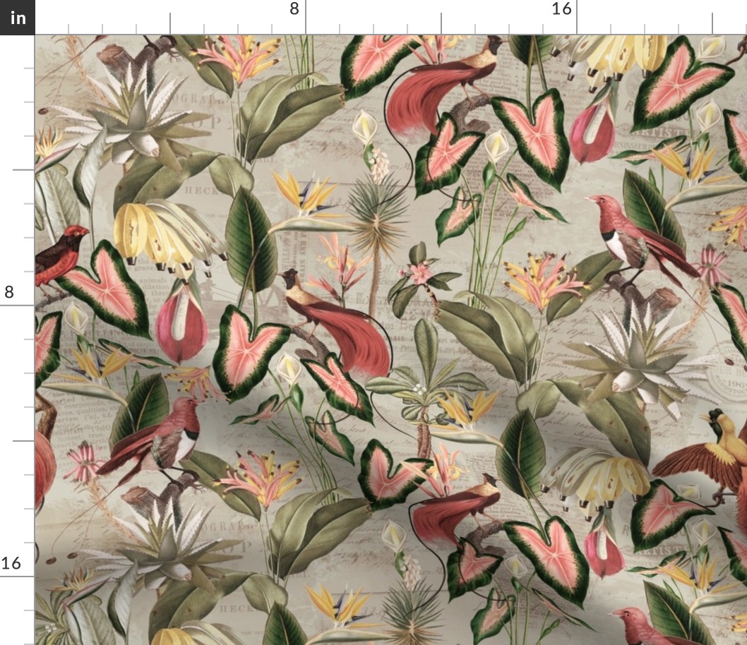 Exotic Jungle Beauty:  A Vintage Mysterious Botanical Tropical Pattern, Featuring leaves  blossoms, fruits and tropical birds of paradise on a sepia background 