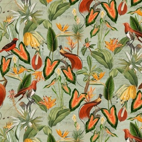 Exotic Jungle Beauty:  A Vintage Mysterious Botanical Tropical Pattern, Featuring leaves  blossoms, fruits and tropical birds of paradise on a green background 