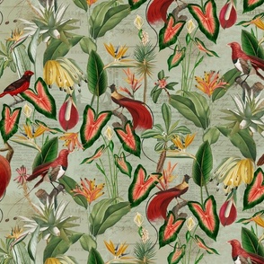 Exotic Jungle Beauty:  A Vintage Mysterious Botanical Tropical Pattern, Featuring leaves  blossoms, fruits and tropical birds of paradise on a sepia green background 