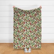 Exotic Jungle Beauty:  A Vintage Mysterious Botanical Tropical Pattern, Featuring leaves  blossoms, fruits and tropical birds of paradise on a beige background 