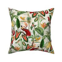 Exotic Jungle Beauty:  A Vintage Mysterious Botanical Tropical Pattern, Featuring leaves  blossoms, fruits and tropical birds of paradise on a beige background 