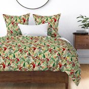 Exotic Jungle Beauty:  A Vintage Mysterious Botanical Tropical Pattern, Featuring leaves  blossoms, fruits and tropical birds of paradise on a beige background 