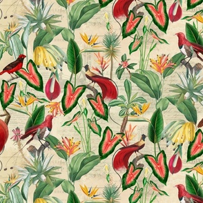 Exotic Jungle Beauty:  A Vintage Mysterious Botanical Tropical Pattern, Featuring leaves  blossoms, fruits and tropical birds of paradise on a beige background 