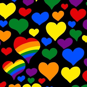 Tossed hearts with rainbow stripes on black | medium