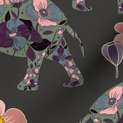 Floral Elephant Silhouette - Muted Greens (large)