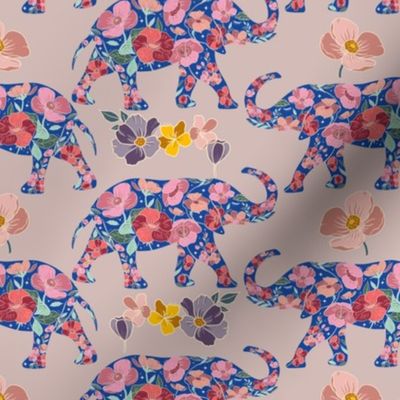 Floral Elephant Silhouette - Pink and Blue (small)