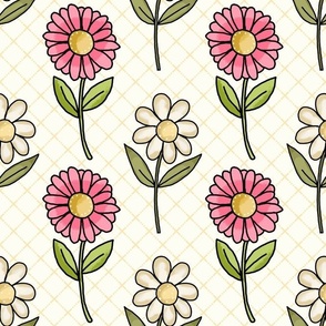 Large Scale Pink and White Daisy Flowers on Ivory