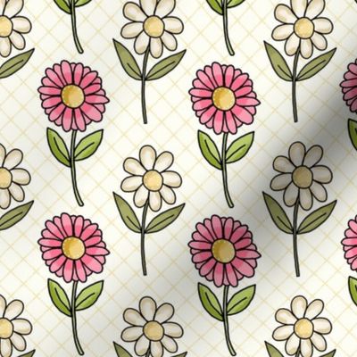 Medium Scale Pink and White Daisy Flowers on Ivory