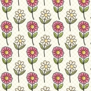 Small Scale Pink and White Daisy Flowers on Ivory