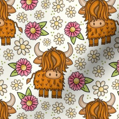 Large Scale Scottish Highland Cows Pink and White Daisy Flowers on Ivory