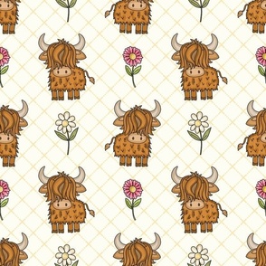 Large Scale Scottish Highland Cows Pink and White Daisy Flowers on Ivory