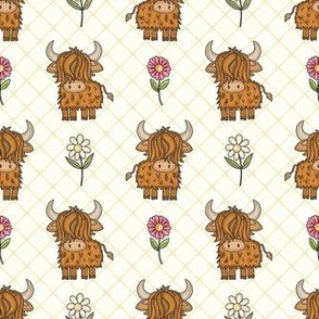 Medium Scale Scottish Highland Cows Pink and White Daisy Flowers on Ivory