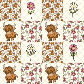 Bigger Scale Patchwork 6" Squares Scottish Highland Cow Pink and White Daisy Flowers on Ivory for Cheater Quilt or Blanket
