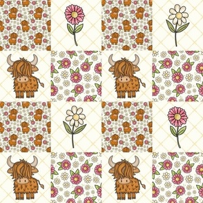 Smaller Scale Patchwork 3" Squares Scottish Highland Cow Pink and White Daisy Flowers on Ivory for Cheater Quilt or Blanket