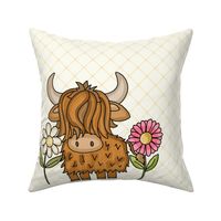 18x18 Panel Scottish Highland Cow Pink and White Daisy Flowers on Ivory for DIY Throw Pillow Cushion Cover or Lovey