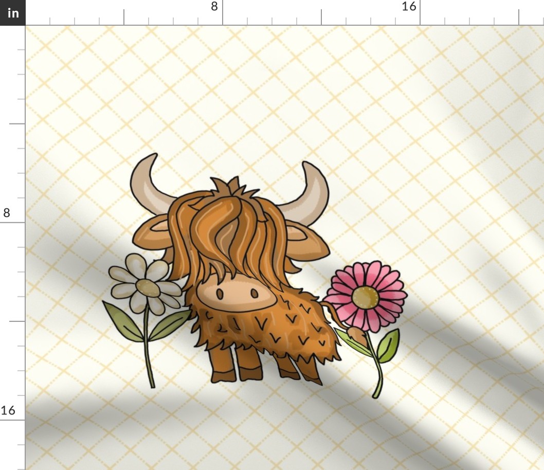 18x18 Panel Scottish Highland Cow Pink and White Daisy Flowers on Ivory for DIY Throw Pillow Cushion Cover or Lovey