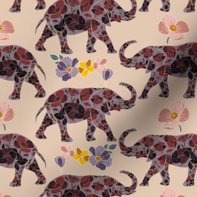 Floral Elephant Silhouette - Ruby and Lilac (small)