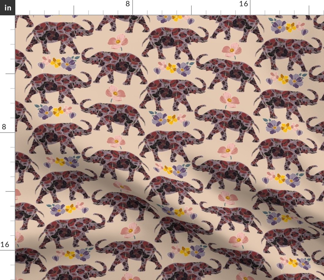 Floral Elephant Silhouette - Ruby and Lilac (small)