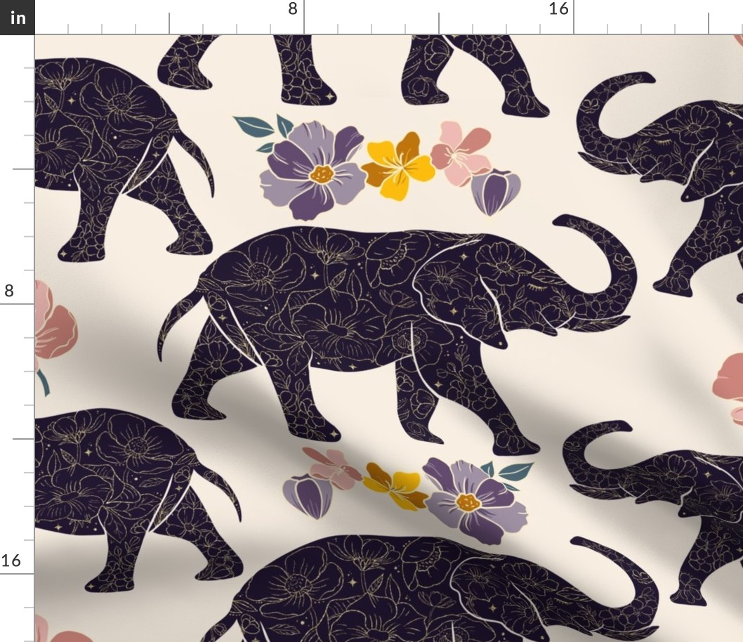 Floral Elephant Silhouette - Champagne Purple (large)