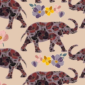 Floral Elephant Silhouette - Ruby and Lilac (large)