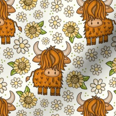 Large Scale Scottish Highland Cows Yellow Sunflowers and White Daisy Flowers on Ivory