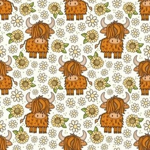 Medium Scale Scottish Highland Cows Yellow Sunflowers and White Daisy Flowers on IvoryLarge Scale Scottish Highland Cows Yellow Sunflowers and White Daisy Flowers on Ivory