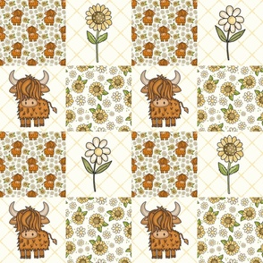 Bigger Scale Patchwork 6" Squares Scottish Highland Cows Yellow Sunflowers White Daisy Flowers for Cheater Quilt or Blanket