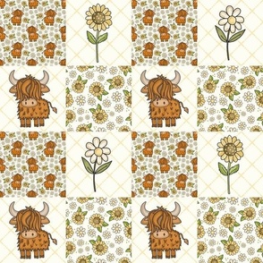Smaller Scale Patchwork 3" Squares Scottish Highland Cows Yellow Sunflowers White Daisy Flowers for Cheater Quilt or Blanket