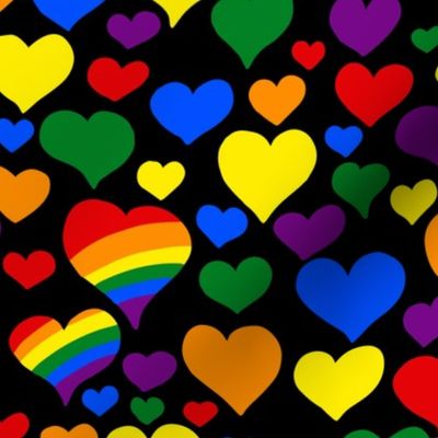 Tossed rainbow hearts with stripes on black | small