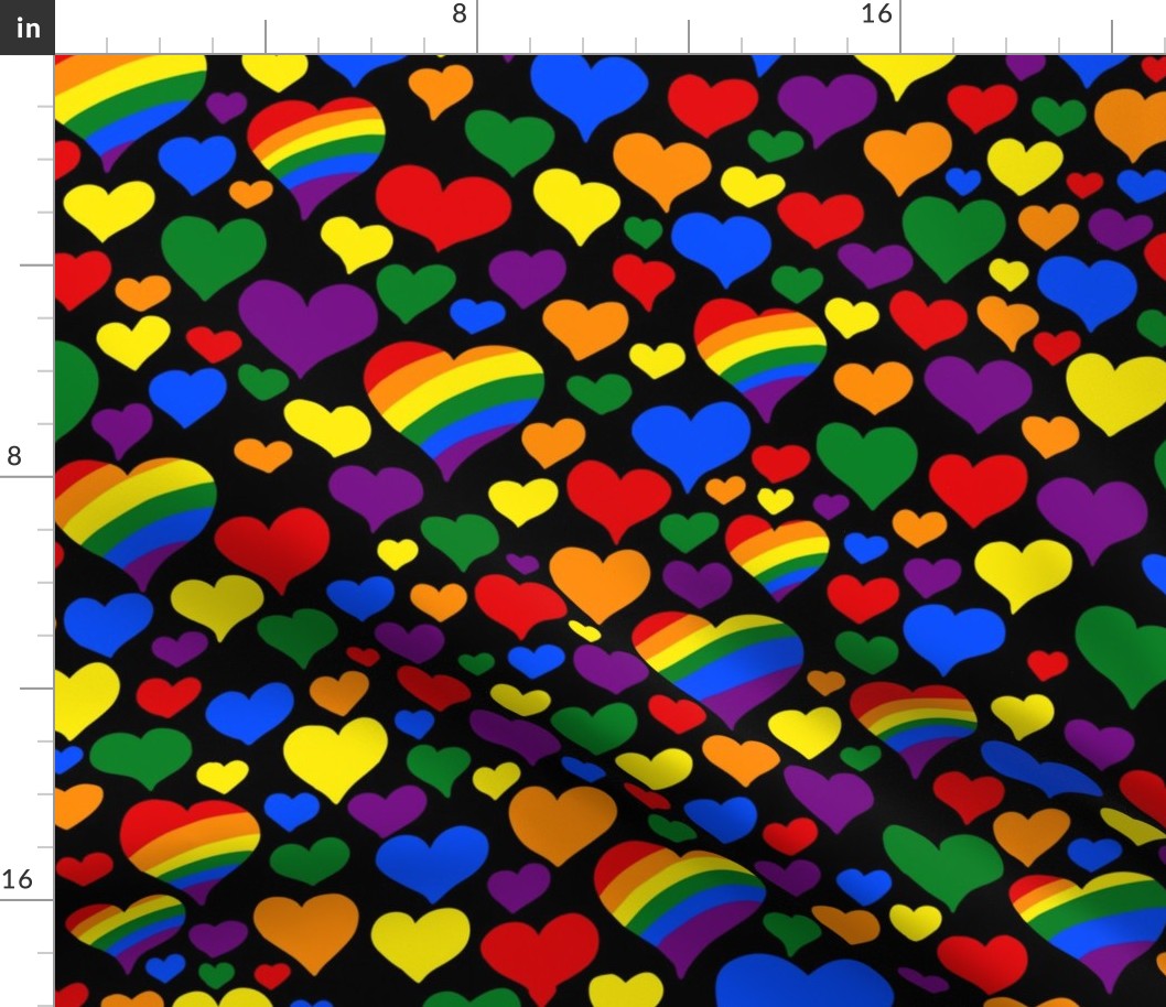 Tossed rainbow hearts with stripes on black | small