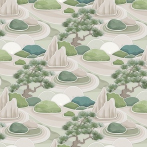 Japanese Moss Garden- Zen Garden- Calming Neutrals- Bonsai- Rock Garden- Japandi- Moss Green- Earthy Green Wallpaper- Taupe- Beige- Ecru- Khaki- Small