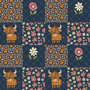 Bigger Scale Patchwork 6" Squares Scottish Highland Cows Pink and White Daisy Flowers on Navy for Cheater Quilt or Blanket