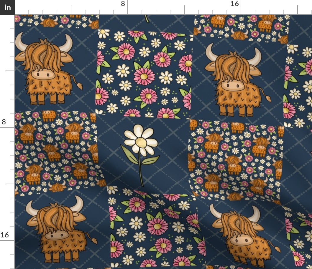 Bigger Scale Patchwork 6" Squares Scottish Highland Cows Pink and White Daisy Flowers on Navy for Cheater Quilt or Blanket