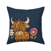 18x18 Panel Scottish Highland Cows Pink and White Daisy Flowers on Navy for DIY Throw Pillow Cushion Cover or Lovey