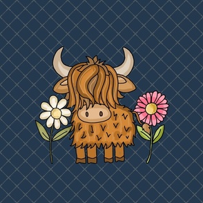 18x18 Panel Scottish Highland Cows Pink and White Daisy Flowers on Navy for DIY Throw Pillow Cushion Cover or Lovey