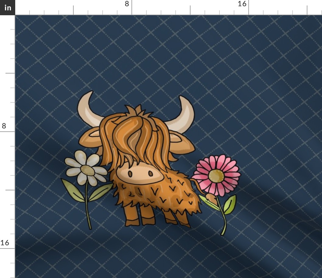 18x18 Panel Scottish Highland Cows Pink and White Daisy Flowers on Navy for DIY Throw Pillow Cushion Cover or Lovey