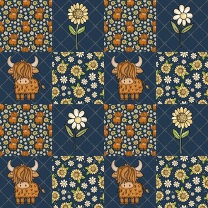 Smaller Scale Patchwork 3" Squares Scottish Highland Cows Yellow Sunflowers White Daisy Flowers on Navy for Cheater Quilt or Blanket