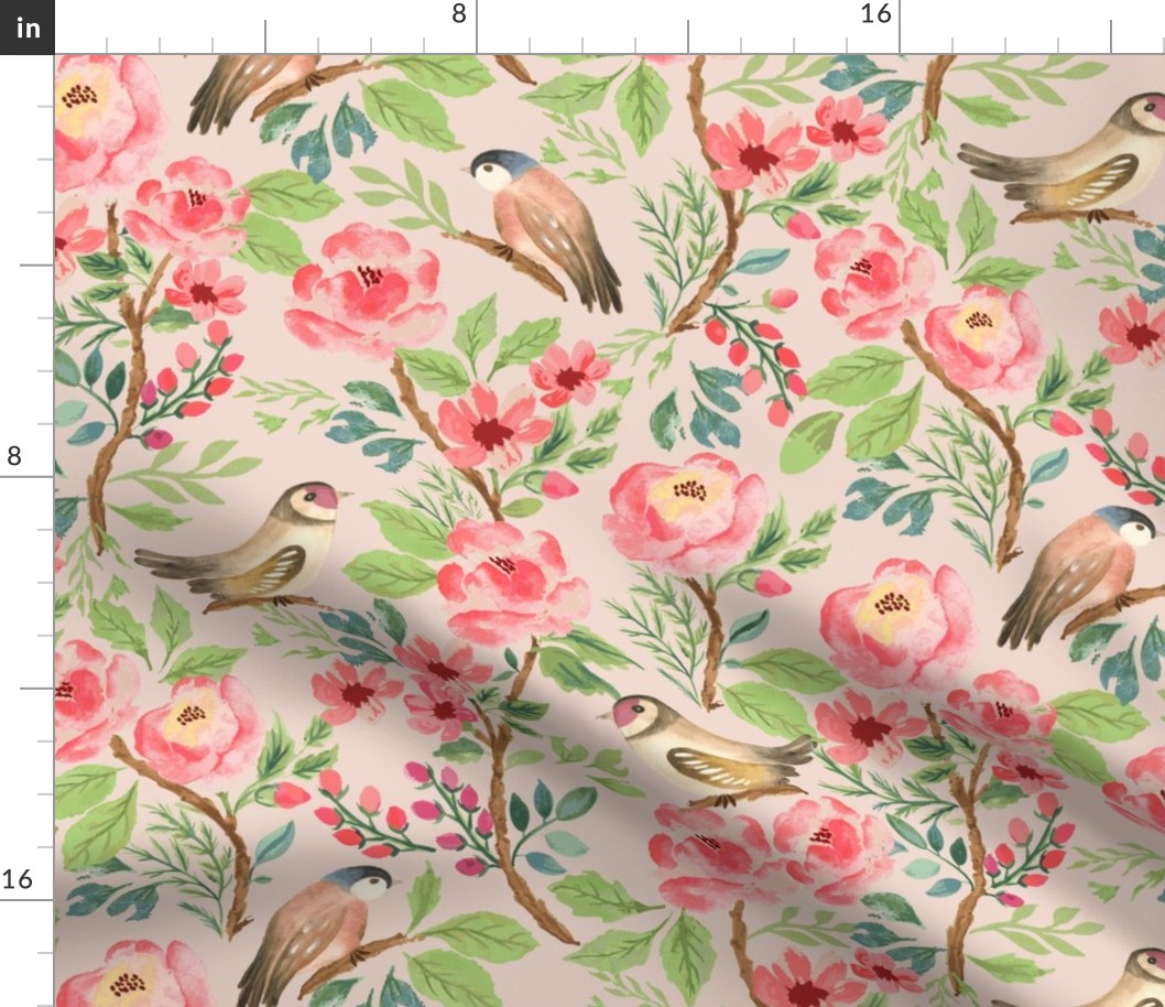 vintage birds and flowers Blush