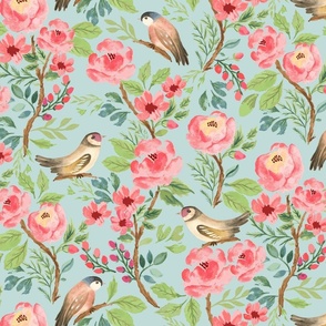 vintage birds and flowers blue