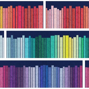 Large jumbo scale // Rainbow books // navy blue background white bookshelf