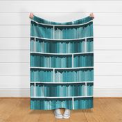 Large jumbo scale // Rainbow books // monochromatic teal background white bookshelf