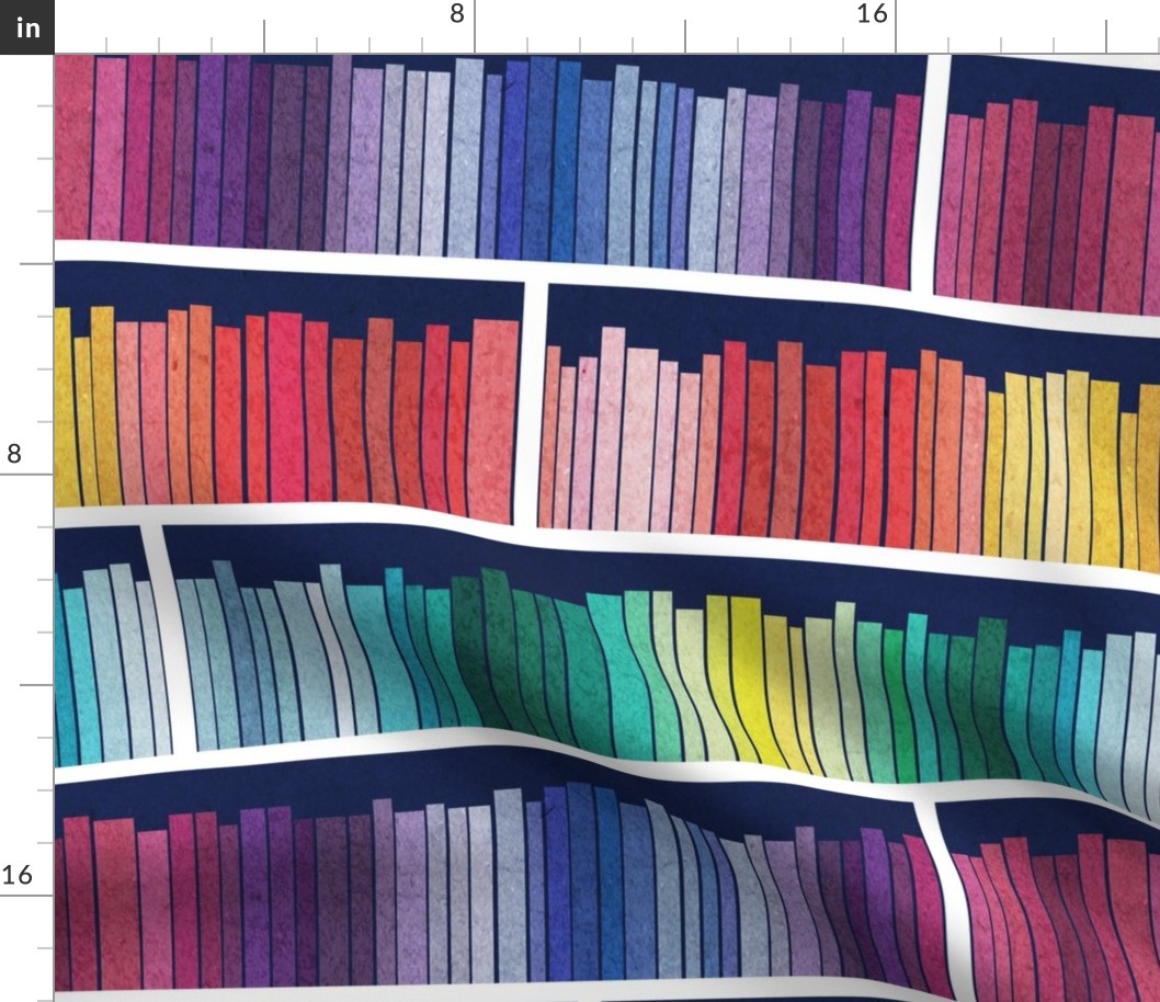 Normal scale // Rainbow books // navy blue background white bookshelf