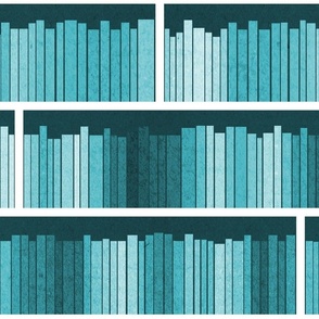 Normal scale // Rainbow books // monochromatic teal background white bookshelf