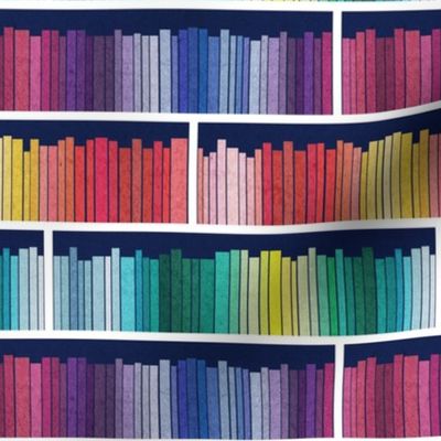 Small scale // Rainbow books // navy blue background white bookshelf